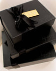 small, medium, and large Sized All black gift box with black ribbon for bridesmaid proposal and bridal party wedding gifts. handmade by bossy creations