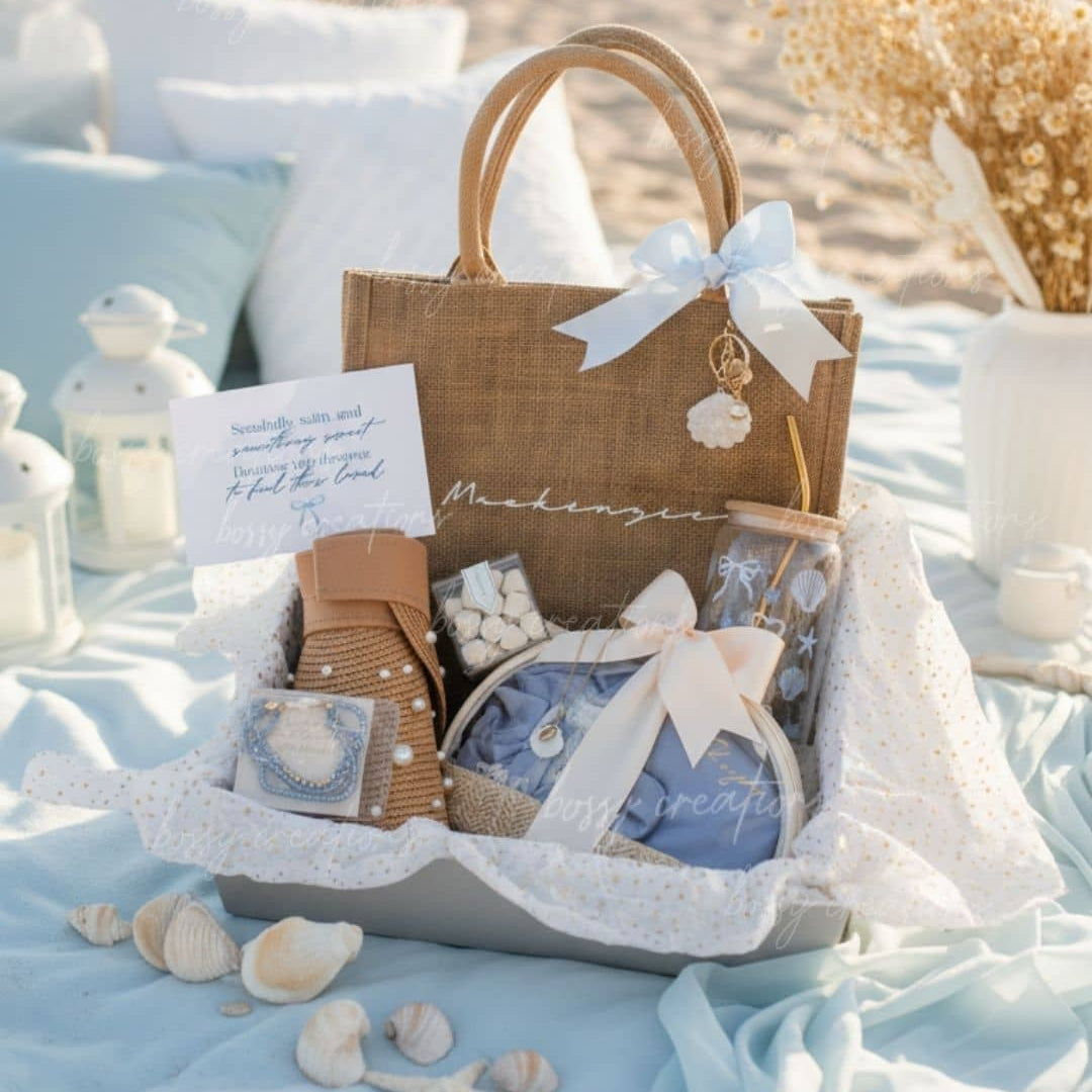 Bridesmaid Nautical Wedding Gift Set:Bag & HairTie Tropical Bridesmaid Proposal Box for a Beach Wedding in  main image 4