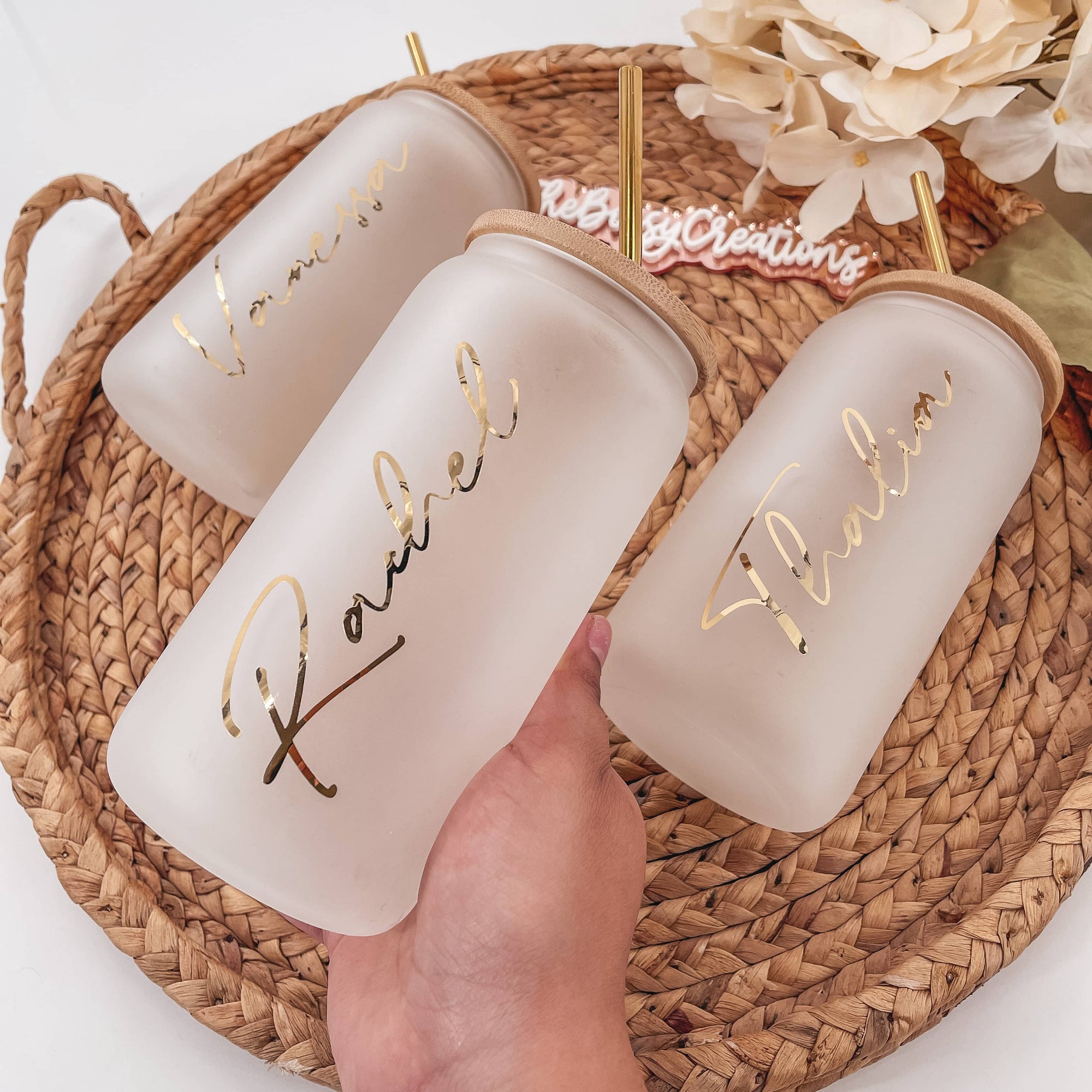 Personalized tumbler glass with bamboo lid and metal straw. Handmade by Bossy Creations