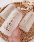 Personalized tumbler glass with bamboo lid and metal straw. Handmade by Bossy Creations