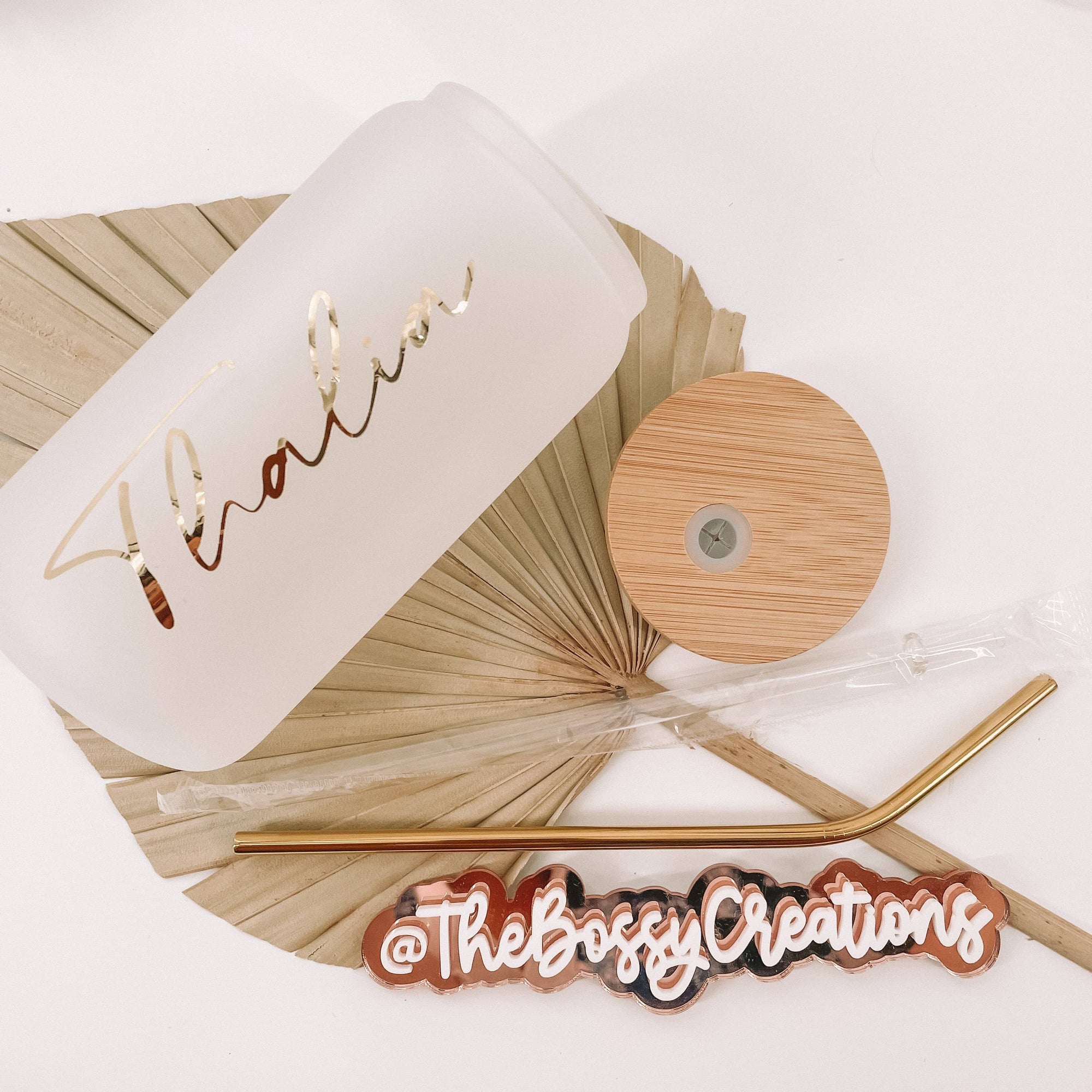 Personalized tumbler glass with bamboo lid and metal straw. Handmade by Bossy Creations