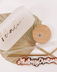 Personalized tumbler glass with bamboo lid and metal straw. Handmade by Bossy Creations