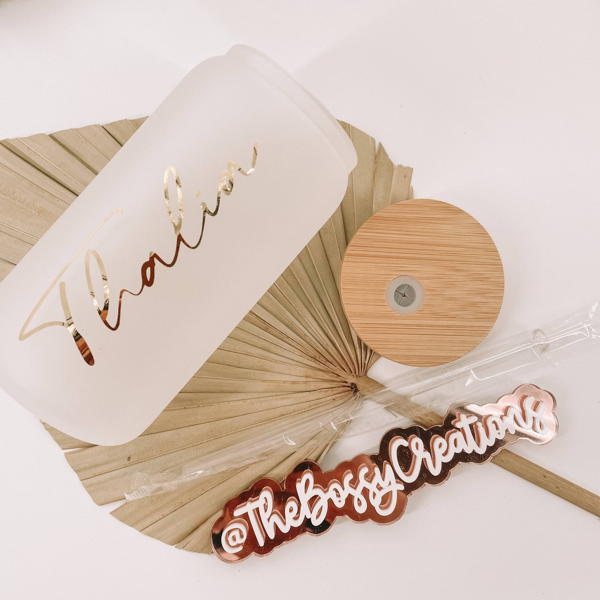 Personalized tumbler glass with bamboo lid and metal straw. Handmade by Bossy Creations