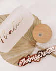 Personalized tumbler glass with bamboo lid and metal straw. Handmade by Bossy Creations
