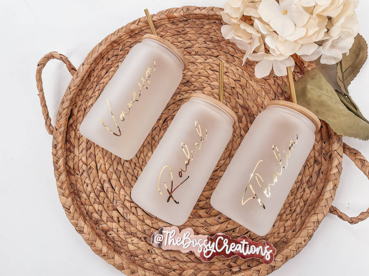 Personalized Glass Tumblers with Bamboo Lid and Straw For Bachelorette and Bridal Party, Bridesmaid Gifts, Wedding Party Favors. Handmade by Bossy Creations