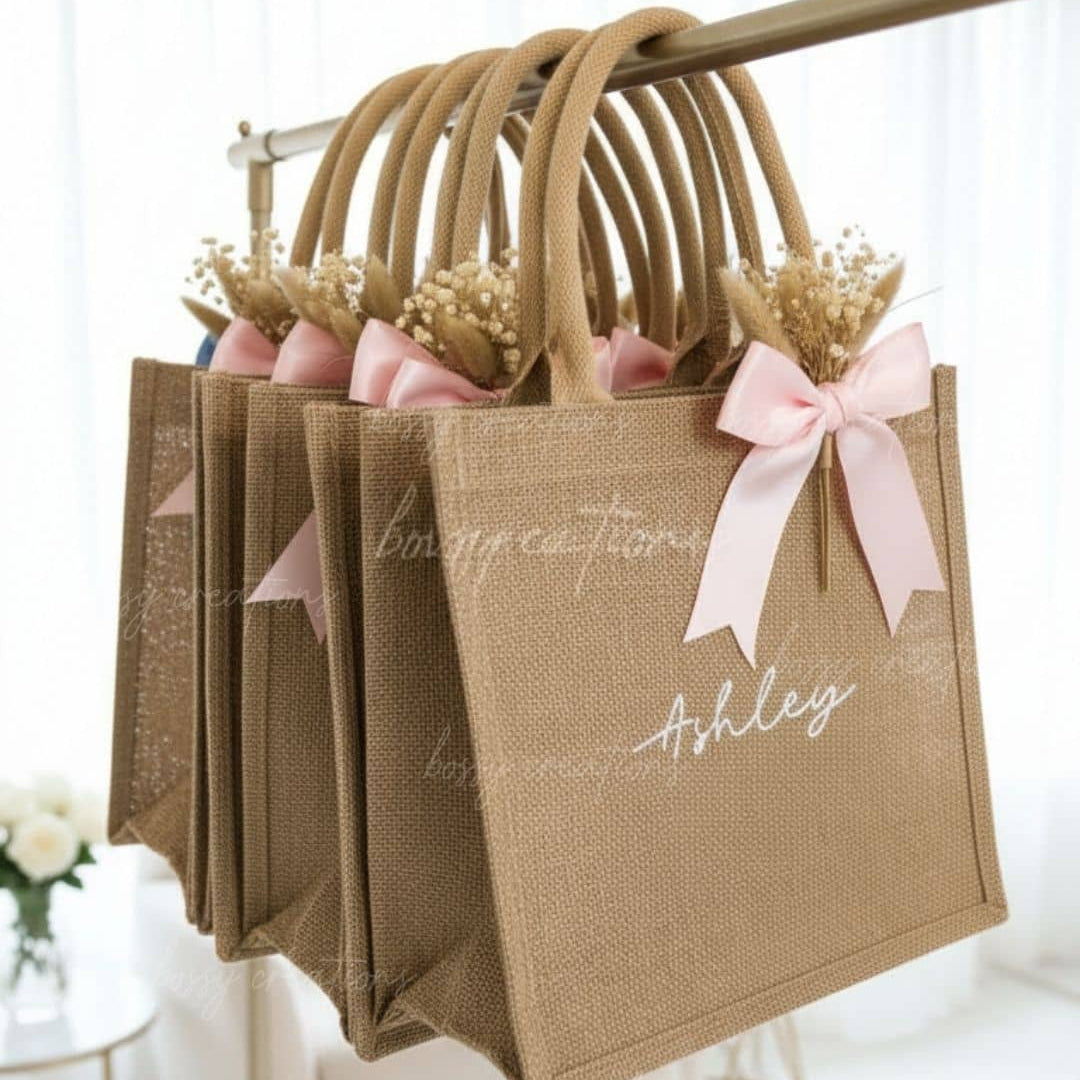 Jute bags with pink bows and personalized names hanging on a rack.