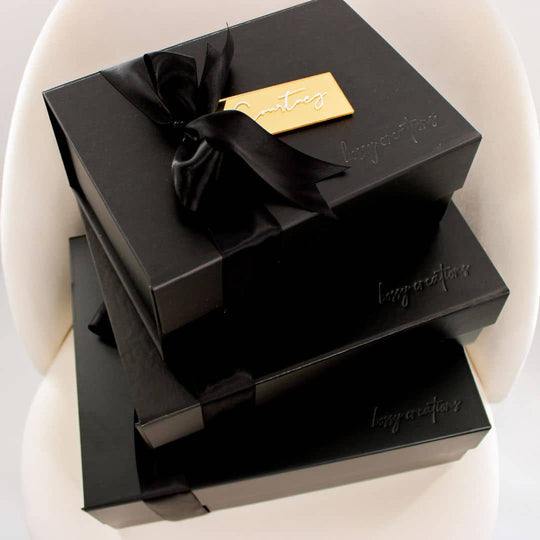 small, medium, and large Sized All black gift box with black ribbon for bridesmaid proposal and bridal party wedding gifts. handmade by bossy creations