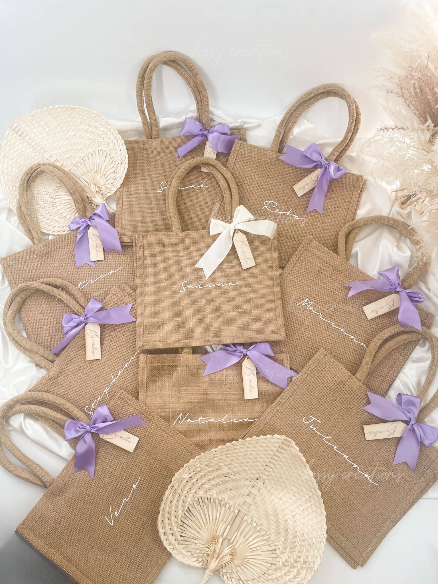 bachelorette party personalized tote bags for bridesmaids. With lavender colored ribbons for a lavender wedding theme. handmade by bossy creations