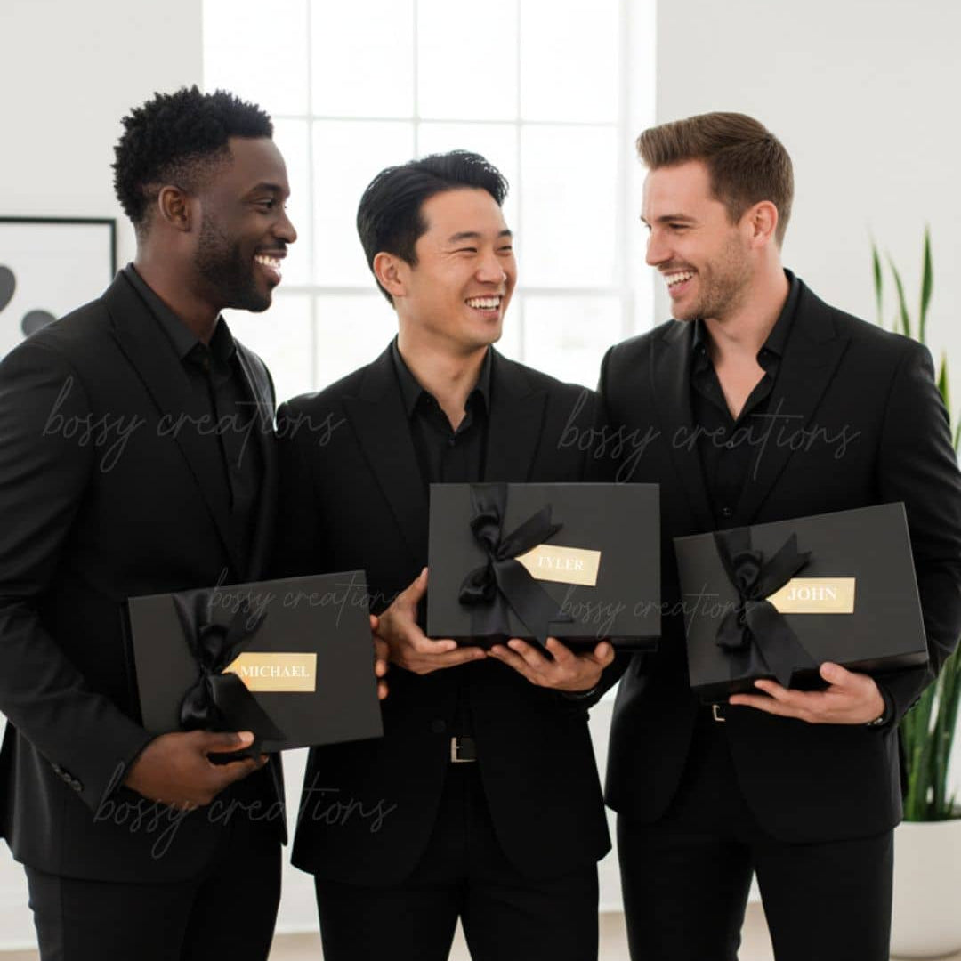 Three groomsmen in suits holding all black gift boxes with gold accents personalized by bossy creations in a bright room.