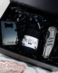 Groomsmen & Best Man Black Proposal Gift Boxes. Engraved pocket knife, engraved bottle opener, socks, and sunglasses. handmade by bossy creations