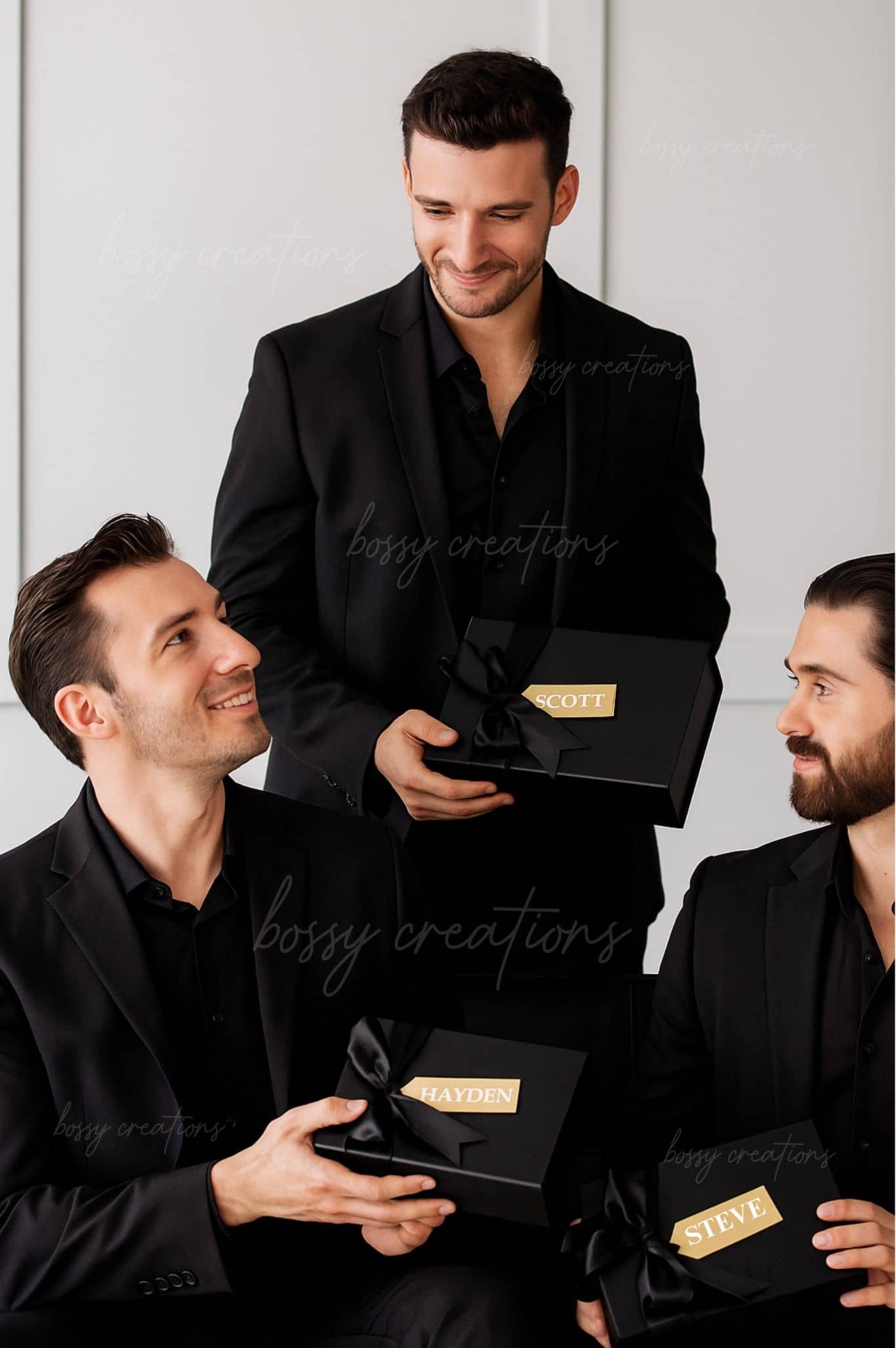 Luxury black groomsmen gift box with engraved items, sleek and modern best man gift, thank you gift for groomsmen, personalized groomsmen gift set, custom black wedding party gifts for men, stylish groomsmen proposal box, engraved groomsmen keepsake gifts, high end male wedding gifts, elegant black groomsmen gift box, groom’s party gift ideas.