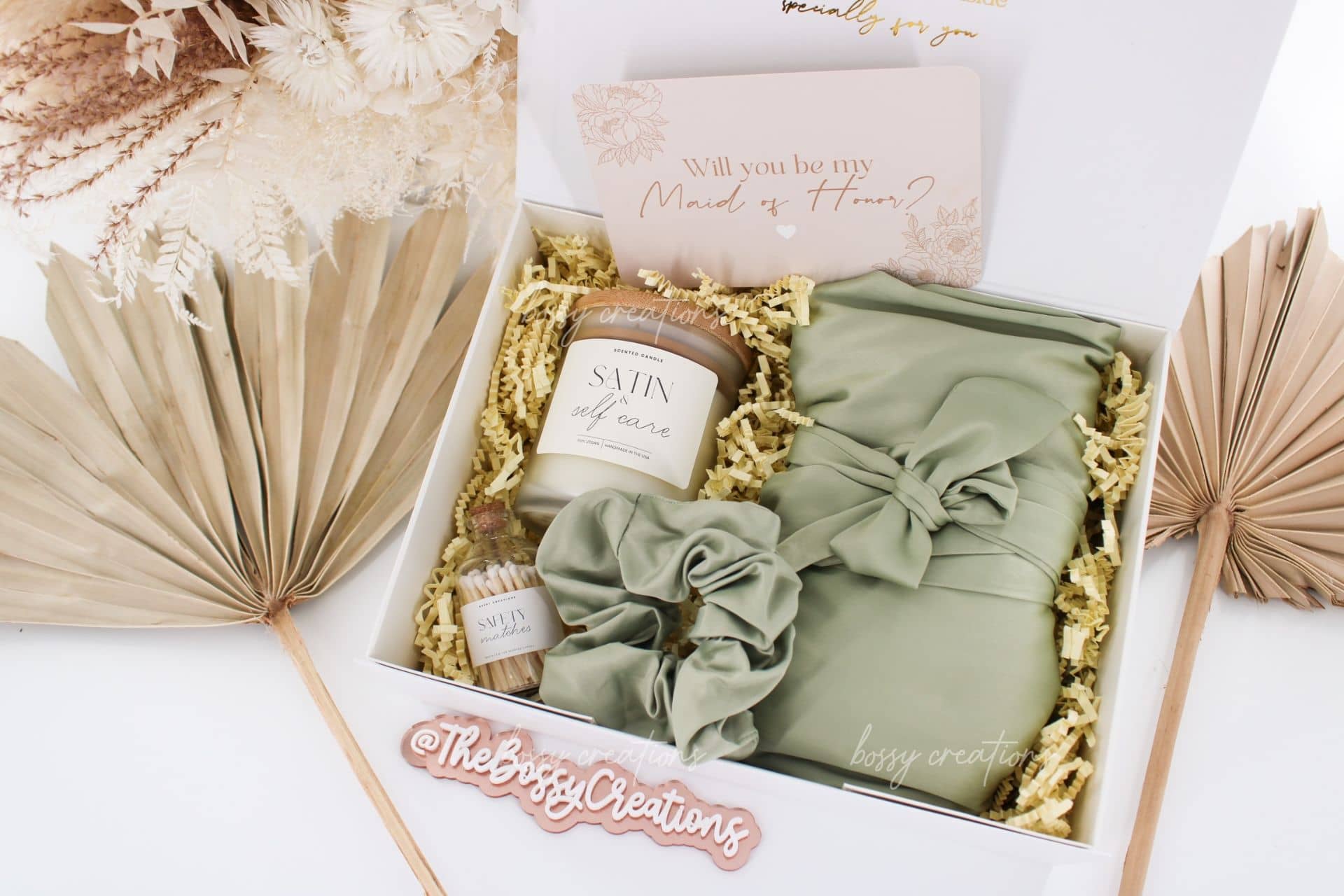 Bridesmaid Proposal &amp; Wedding Party Gift Box with Sage Green Satin Robe, Satin hair scrunchie, scented candle, and matches set. Personalized and handmade by Bossy Creations