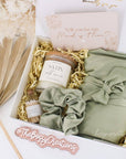 Bridesmaid Proposal & Wedding Party Gift Box with Sage Green Satin Robe, Satin hair scrunchie, scented candle, and matches set. Personalized and handmade by Bossy Creations