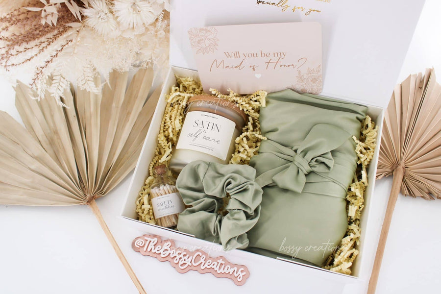 Bridesmaid Proposal & Wedding Party Gift Box with Sage Green Satin Robe, Satin hair scrunchie, scented candle, and matches set. Personalized and handmade by Bossy Creations
